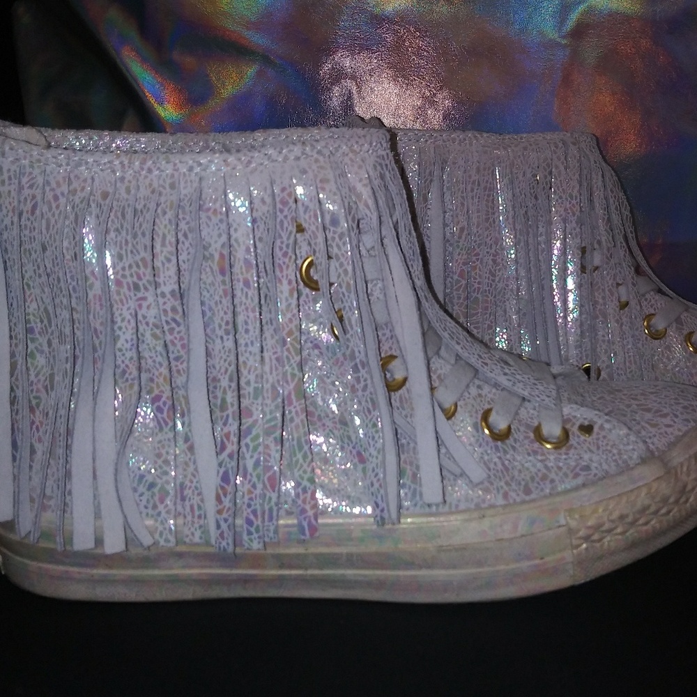Womens Iridescent Fringe Leather Converse Sneakers